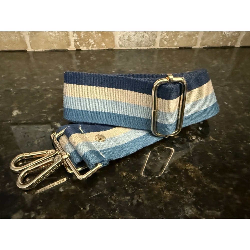 Authentic Pom Pom London Crossbody Bag Purse Strap Blue Tan Stripe 2"